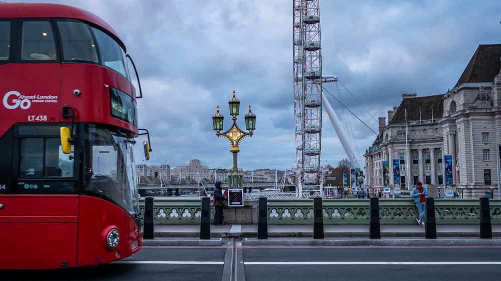 London bus and the London Eye from Westminster Bridge